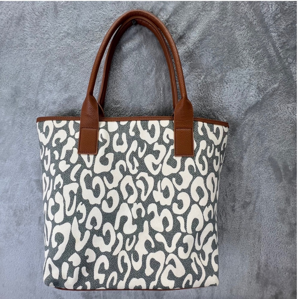 Gray and White Leopard Print Canvas Tote Bag Chic Work Bag Safari Print Modern